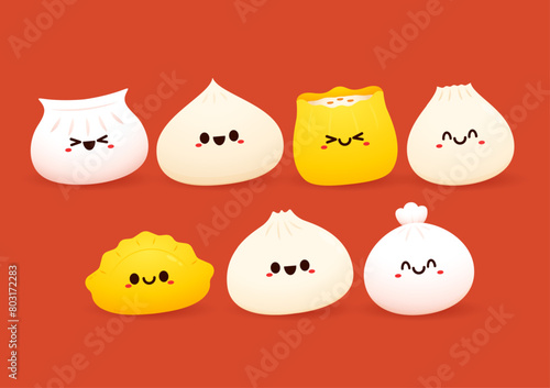 Dim sum food sets. Steamed dumplings banner template isolated on red. Asian traditional cuisine. Vector illustration in cartoon flat style. Chinese food.