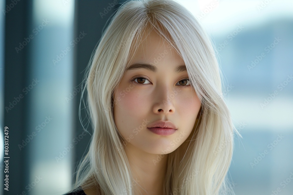 Asian woman with platinum blonde hair and gentle makeup looks softly at the camera Asian woman with platinum blonde hair and gentle makeup looks softly at the camera