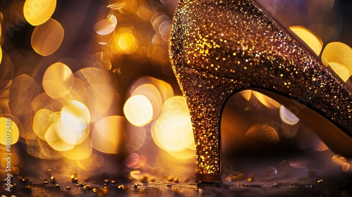 Portrait of gold glittering high heels isolated on soft sparkling gold light background photo