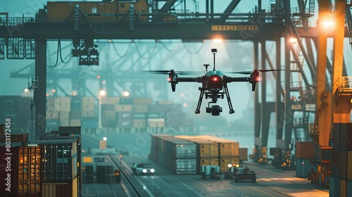 Cargo drone at a shipping port, wide shot, loading containers, cuttingedge logistics photo