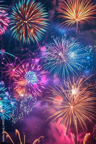 Colorful Fireworks Exploding in Night Sky