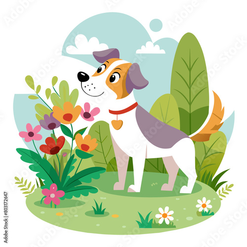 A curious dog with floppy ears sniffing a bouquet of flowers in a garden