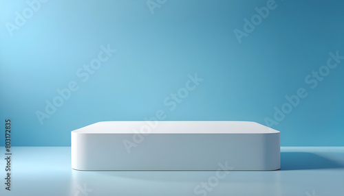 Empty podium or pedestal display on light blue background with rectangular stand concept. Blank product shelf standing backdrop. 3D rendering. 
