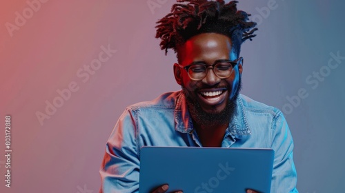 Joyful Man with Digital Tablet photo