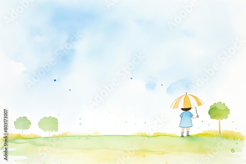 child under rainy sky watercolor, peaceful child under rainy sky watercolor