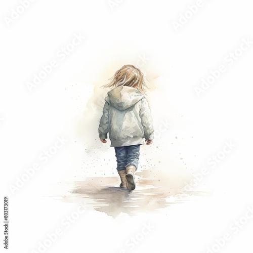 child walking in rain watercolor, serene child walking in rain watercolor