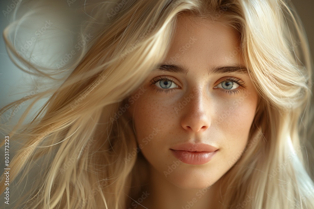 Fototapeta premium Close up of a young woman with flowing blonde hair and striking blue eyes, radiating natural beauty