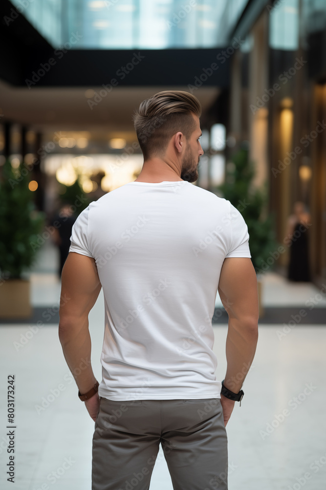 Back view of a man wearing a plain white T-shirt
Back view of a man wearing a plain white T-shirt