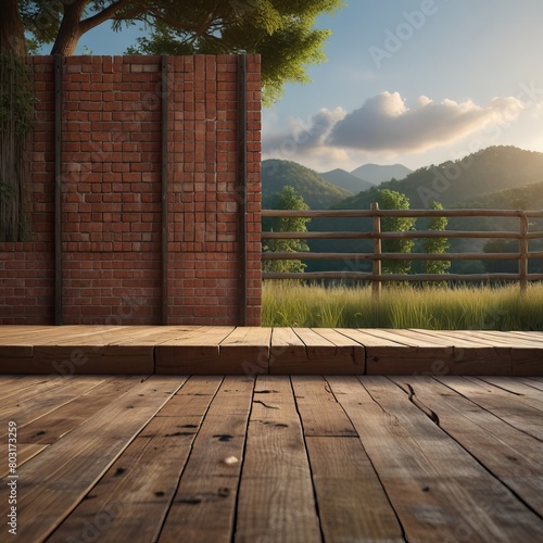 Old wooden terrace with wicker swing hang on the tree with blurry nature background 3d render.