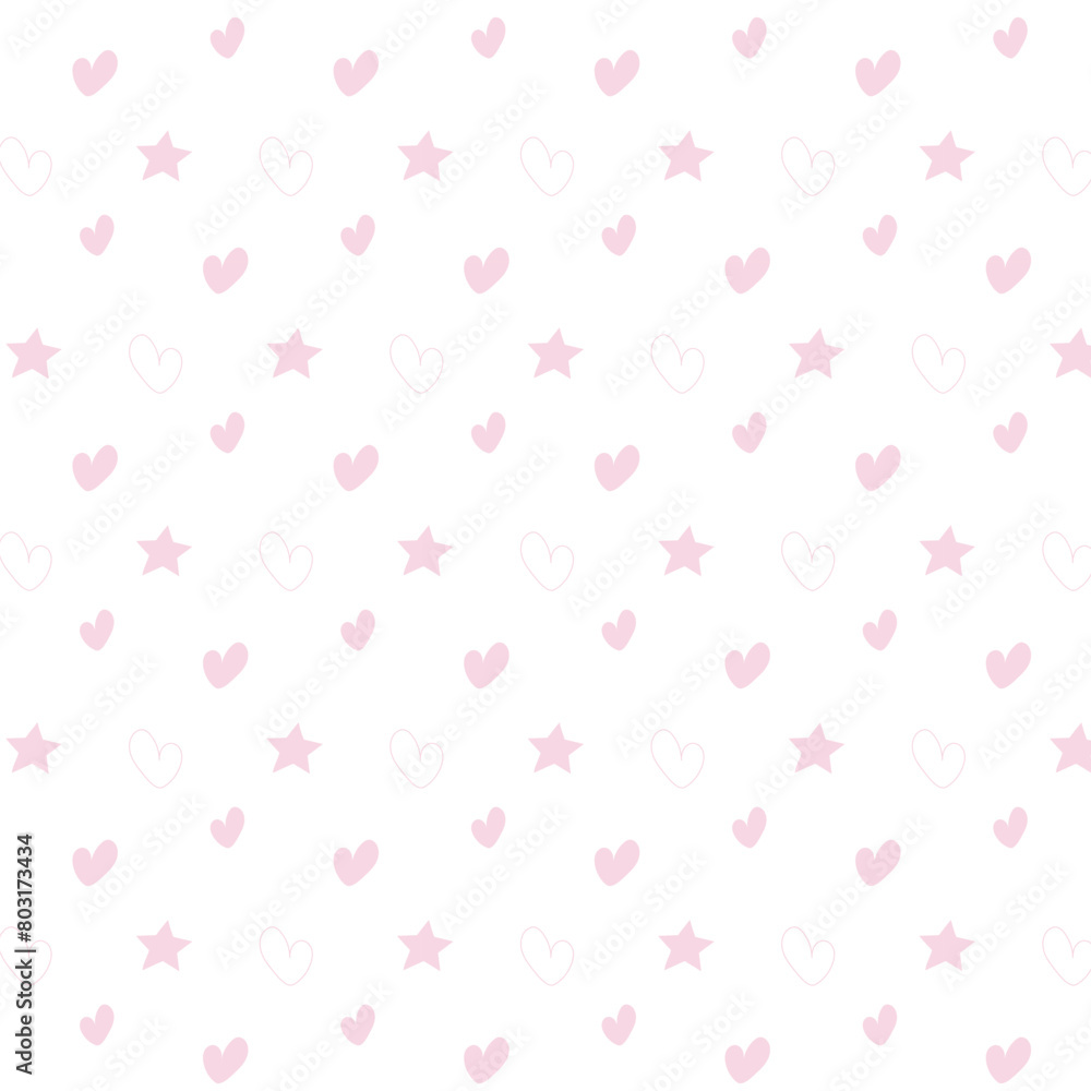 Seamless pattern with hearts and stars. Vector illustration. Textile, paper, wallpaper, background. Pastel color.
