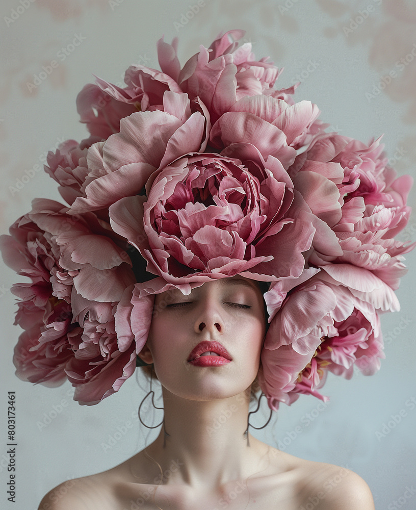 abstract surreal woman with head covered with pink flowers, poster for wall painting 