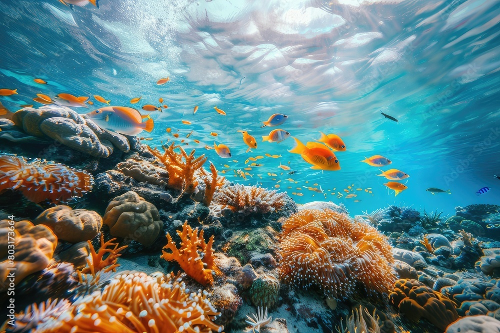 Fototapeta premium Tropical sea underwater fishes on coral reef. Aquarium oceanarium wildlife colorful marine panorama landscape nature snorkel diving ,coral reef and fishes 