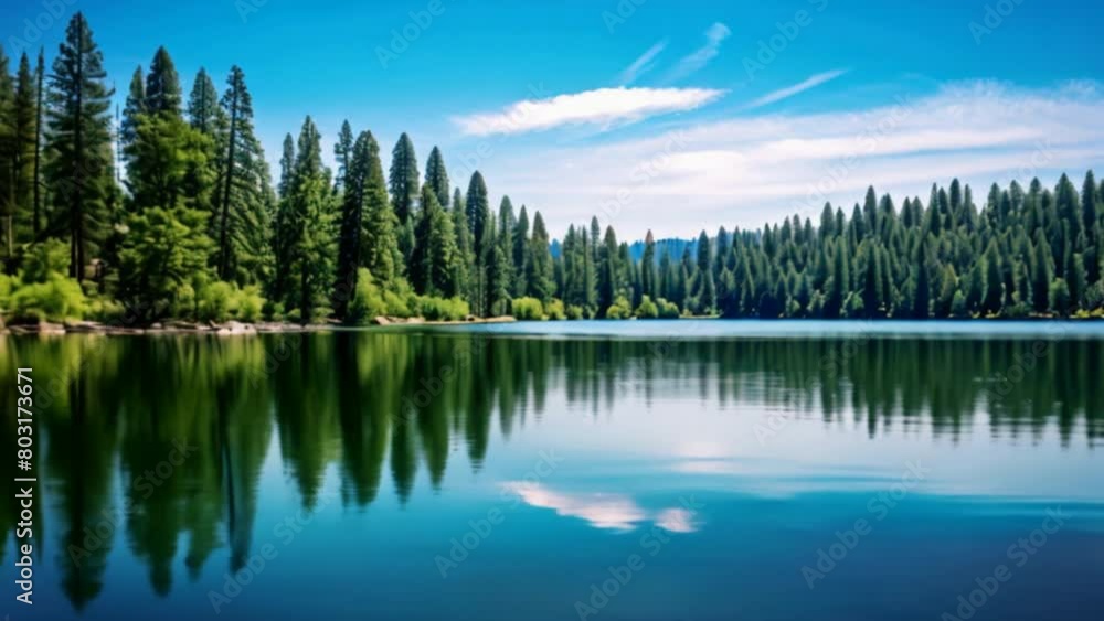 Reflection of trees in a tranquil mountain lake amidst lush forest and towering peaks, a picturesque scene of natural beauty Reflection of trees in a tranquil mountain lake amidst lush forest and towering peaks, a picturesque scene of natural beauty