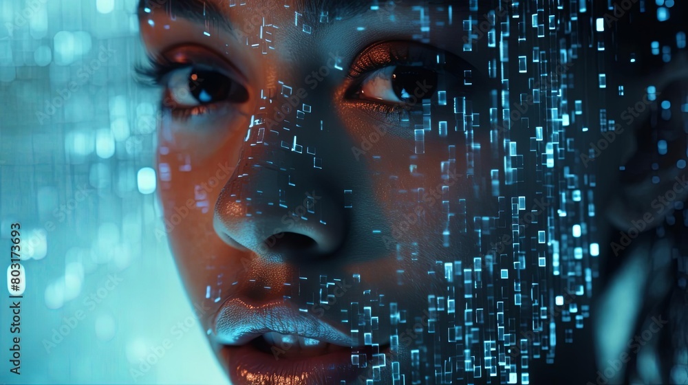Closeup of AI face hologram, pixel effect, wide lens, ambient lighting Closeup of AI face hologram, pixel effect, wide lens, ambient lighting