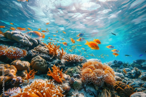 Tropical sea underwater fishes on coral reef. Aquarium oceanarium wildlife colorful marine panorama landscape nature snorkel diving ,coral reef and fishes  © Nognapas
