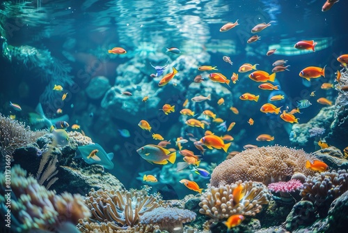 Tropical sea underwater fishes on coral reef. Aquarium oceanarium wildlife colorful marine panorama landscape nature snorkel diving ,coral reef and fishes 