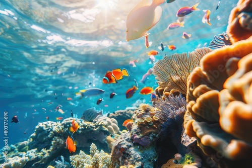 Tropical sea underwater fishes on coral reef. Aquarium oceanarium wildlife colorful marine panorama landscape nature snorkel diving  coral reef and fishes 