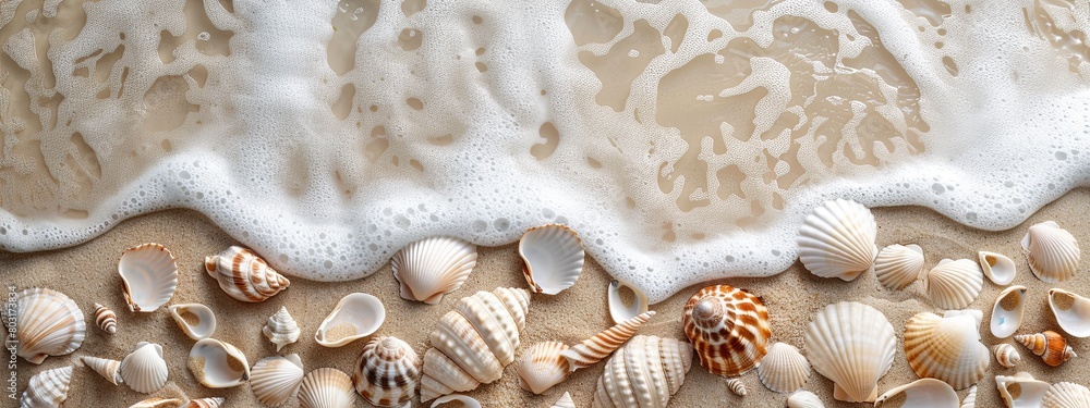 A seascape with waves, various seashells, and starfish on sandy background.