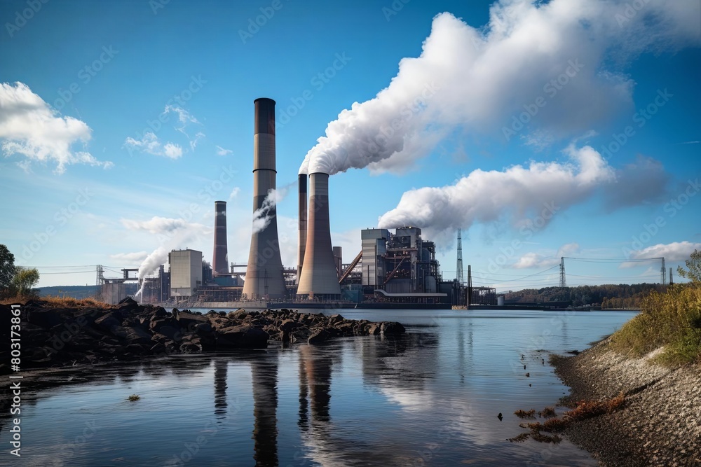 Coal power plant, smokestacks emitting steam, cloudy day, environmental impact, wide view