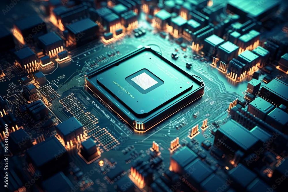 Closeup top view of a motherboard, featuring CPU and complex circuits, clear focus Closeup top view of a motherboard, featuring CPU and complex circuits, clear focus