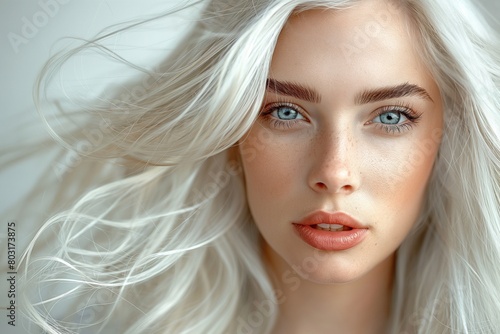 Close up of a caucasian woman with windswept total blond hair