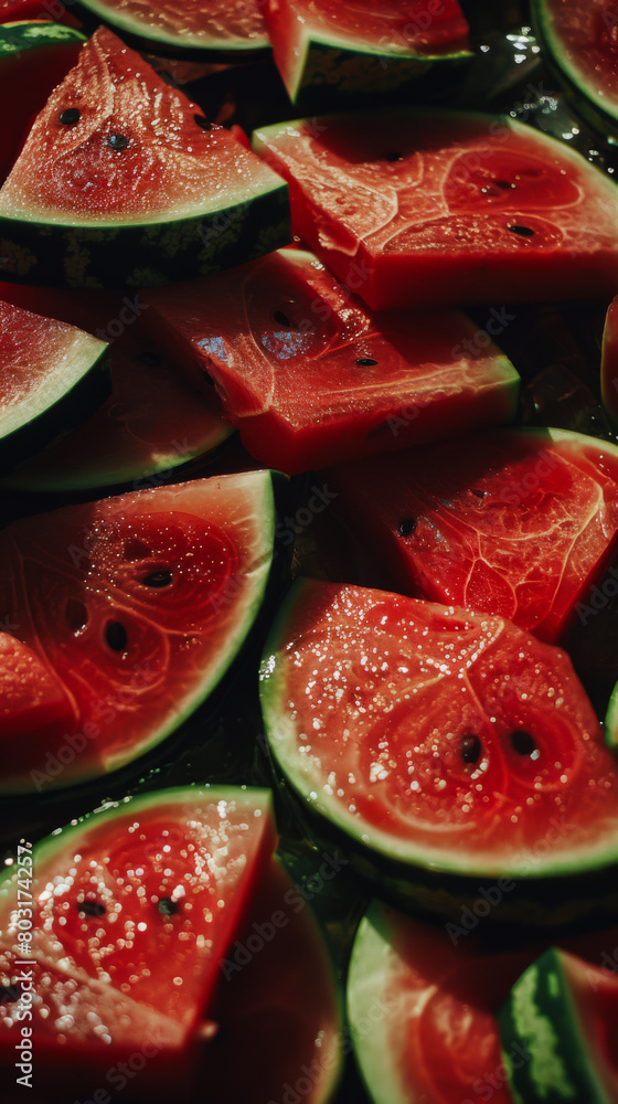 A close up of watermelon slices with black seeds. Concept of freshness and summertime, as watermelon is a popular fruit during the warmer months. A close up of watermelon slices with black seeds. Concept of freshness and summertime, as watermelon is a popular fruit during the warmer months.