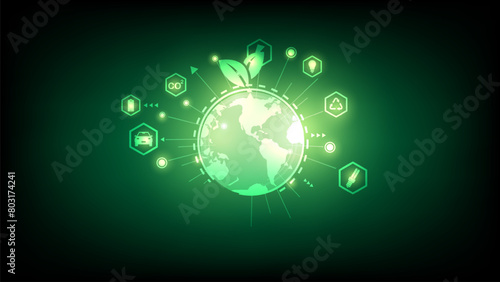 Abstract green glowing planet Earth. Earth hour concept.Wireframe light connection structure. Vector illustration. Web and Social Header Banners for ESG. Sustainable business or green business vector	