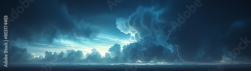 Craft a digital masterpiece featuring a tumultuous sky, with each lightning bolt brilliantly rendered in crisp detail, casting surreal shadows over the landscape below photo
