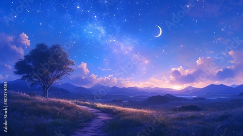 Craft an intricate scene of a winding path disappearing into the twilight, surrounded by twinkling stars and a glowing crescent moon, rendered in a photorealistic style