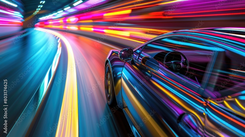 Futuristic clean energy car driving fast with colorful light trails.