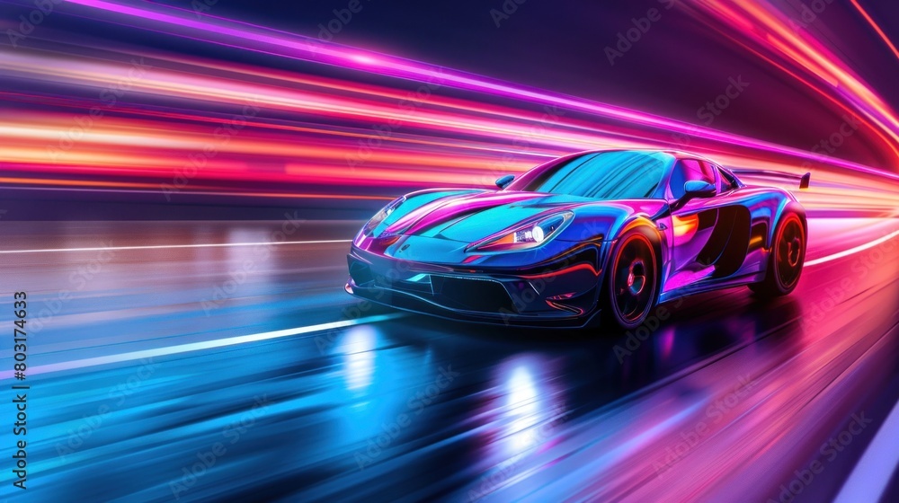 Futuristic clean energy car driving fast with colorful light trails.