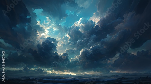 Illustrate a dramatic frontal view of stormy skies with dark, billowing clouds, menacing lightning bolts, and turbulent winds, rendered in a photorealistic digital painting style