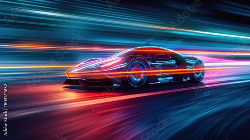 Futuristic clean energy car driving fast with colorful light trails.