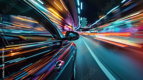 Futuristic clean energy car driving fast with colorful light trails. © Sompoch