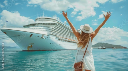 Happy woman tourist with arms raised standing in front of big cruise liner, Luxury travel on summer vacation.