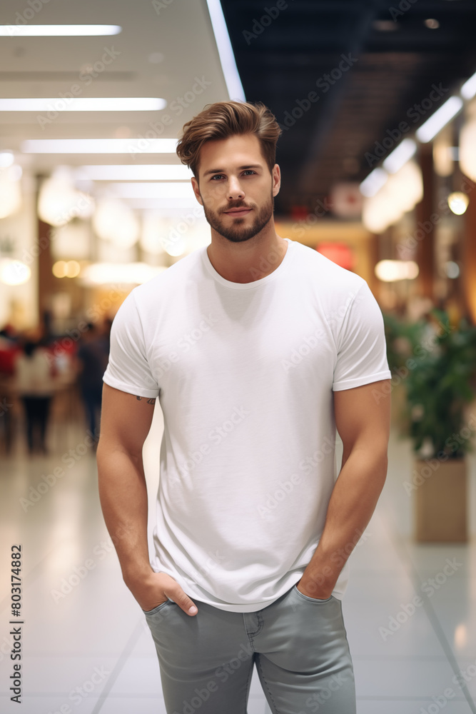 Front view of a man wearing a plain white T-shirt