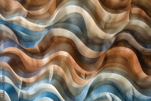 Abstract photograph featuring sand, umber, blush, and espresso colors with blue wave patterns. Raw style, slightly stylized. photo