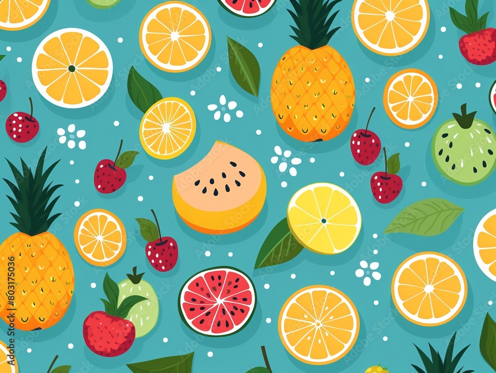 Simple colorful fruits, vibrant summer palette, seamless pattern, flat vector style for textile printing , pattern Simple colorful fruits, vibrant summer palette, seamless pattern, flat vector style for textile printing , pattern