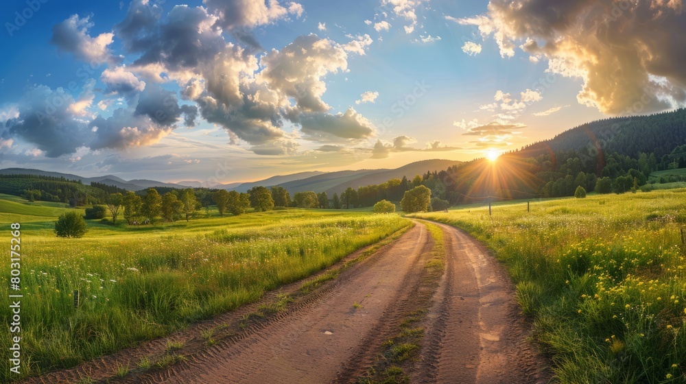 Beautiful summer mountain rural landscape; Panorama of summer green field with dirt road and Sunset cloudy sky