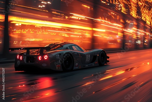 A dynamic shot of a racing car's sleek silhouette against the backdrop of a city skyline, the urban landscape blurring past as it speeds towards victory