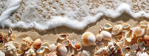 A seascape with waves, various seashells, and starfish on sandy background.