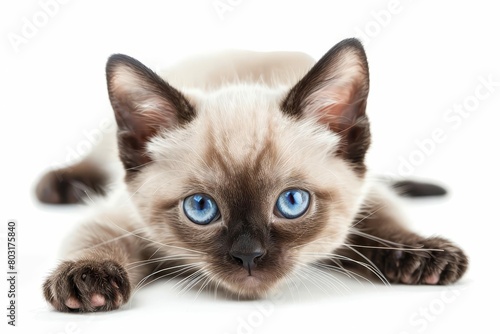adorable chocolate point burmese kitten lying down looking at camera isolated on white