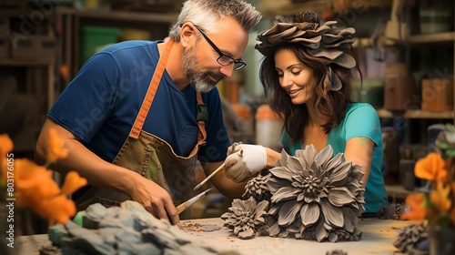 Craft a clay sculpture showcasing a unique perspective of love blooming in a vibrant garden from a worms-eye view Emphasize the textures and details of the flowers and the couples connection in a tact photo
