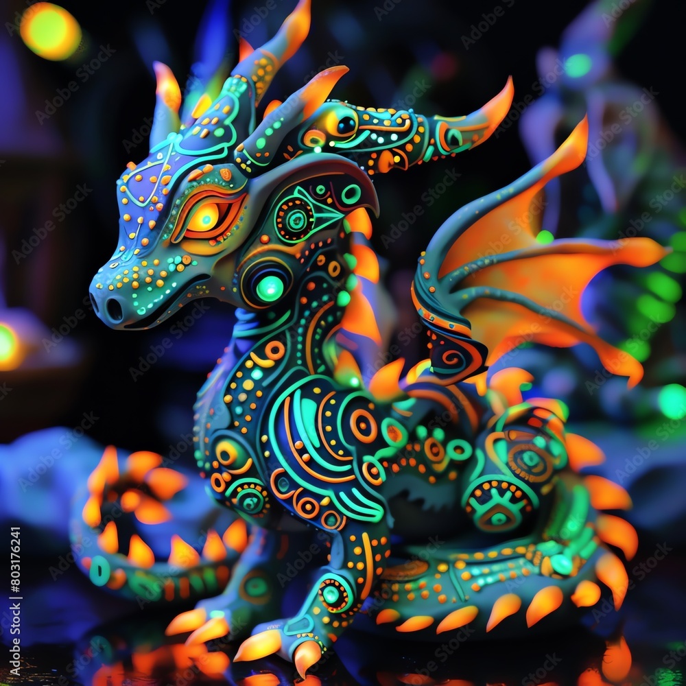 Craft a detailed clay sculpture of a mythical Dragon adorned with glowing neon circuit patterns, showcasing a unique fusion of traditional and futuristic elements