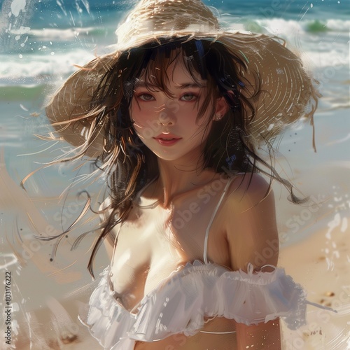 Una chica morena, con un inmenso sombrero, de paja, junto al mar