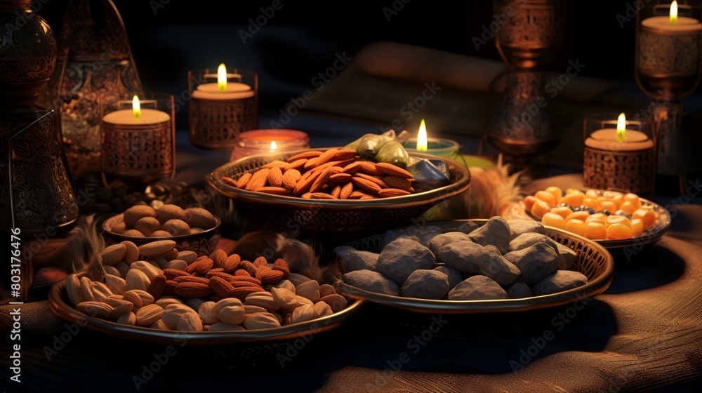 Almonds, hazelnuts, cashew nuts, and candles on the table Almonds, hazelnuts, cashew nuts, and candles on the table