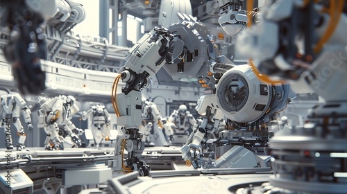 Craft a detailed digital render of an eye-level angle view capturing a sleek, futuristic robot assembly line, emphasizing precision and efficiency with CG 3D rendering