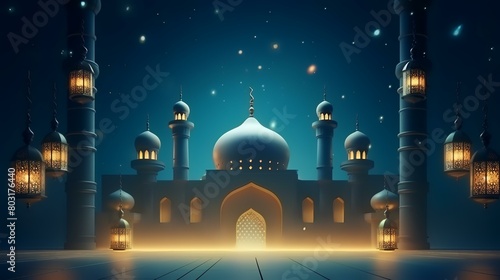 Ramadan Kareem's background with mosque and Arabic lanterns