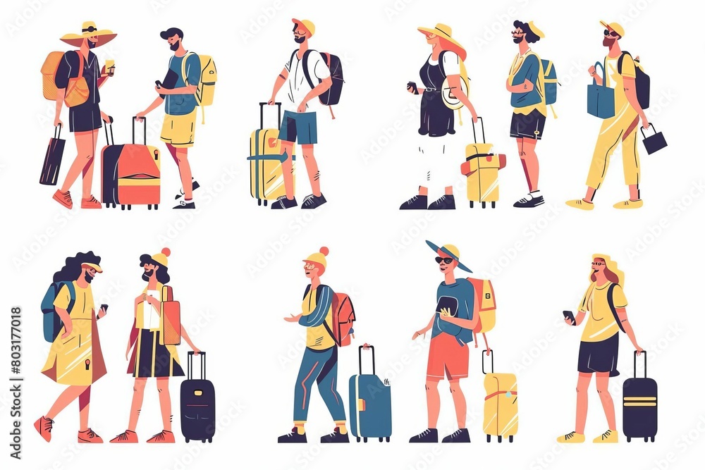 adventurous tourists with luggage embarking on exciting vacation character illustration set