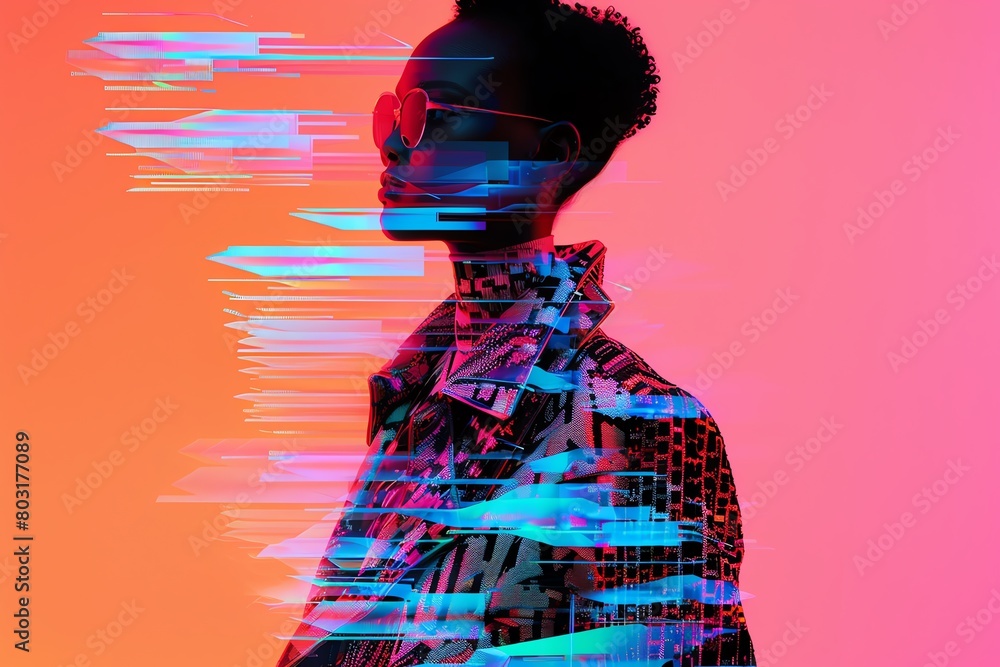 Craft a digital glitch art representation of a high-fashion ensemble ...
